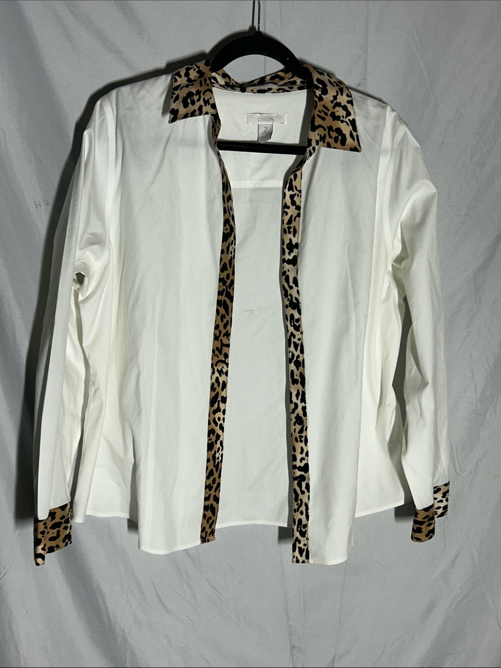 Chico's White Blouse with Leopard Trim